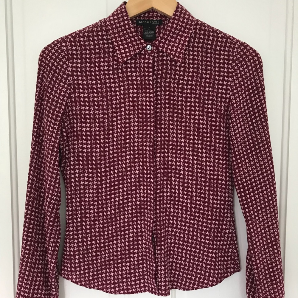 Kenneth Cole oxblood silk blouse houndstooth sz 2